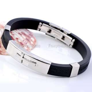   Silvery Stainless Steel +Cross+ Black Rubber Cuff Bracelet 7.5L Gift