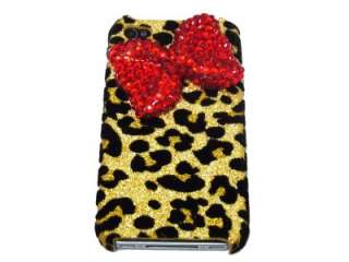 Bling Crystal Velvet Leopard Gold Red Bow Case Cover for iphone 4 4G 