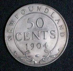 CANADA NEWFOUNDLAND 50 CENTS 1904 H COIN ALMOST UNCIRCULATED SILVER 