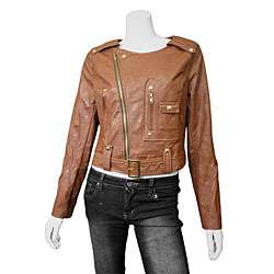   Embellished Collarless Belted Faux Leather Jacket  