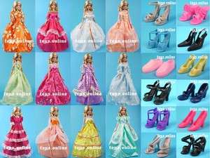 Lot 12 Item Dress + Shoes Clothes Party Gown For Barbie  