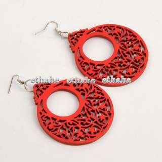 Fashion Hollow Wood Piercing Dangle Earrings Red E1FB36  