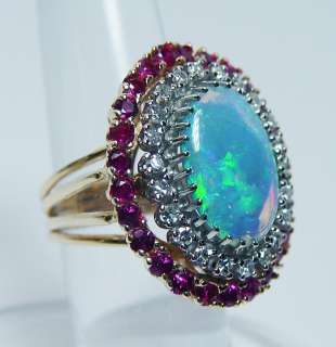 Giant Vintage Gem Opal Ruby Diamond Ring 14K Gold 15gr HEAVY Estate 