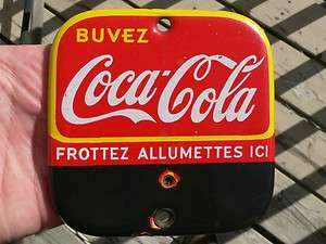 Rare French Canadian 30’s COKE match strike porcelain sign Coca Cola 