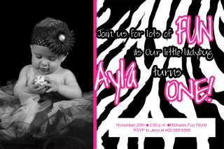 Custom Photo Pink Zebra Print Birthday Party Invitation Card  