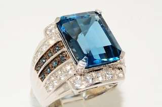   14CT EMERALD CUT BLUE TOPAZ,BLUE DIAMOND & WHITE TOPAZ RING SIZE 8.25