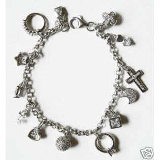 EE Sterlng Silver Cross Heart Key Star Ring Charm Bracelet Engraving 