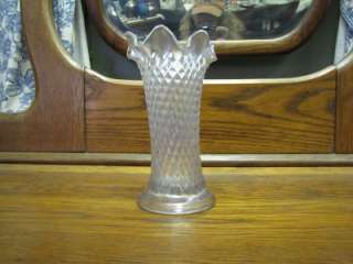 Signed Northwood White Carnival Glass Diamont Point Vase  
