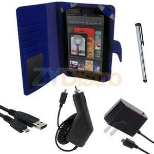 Blue Leather Folio Case Cover+Charger+Stylus Bundle For  Kindle 