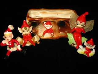 Vintage Japan RED Christmas PIXIE Spaghetti Trim Figurines & Planter 