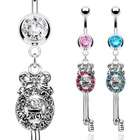   Steel Belly Ring with Cubic Zirconia Embedded Key Dangle   Pink