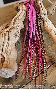 100% REAL HOT PINK WHITING LONG FEATHER HAIR EXTENSION +TOOLS  