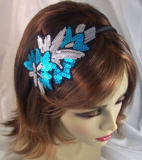 BLUE SILVER SEQUIN FLOWER Headband Hair Accessory  