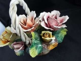Italy Capodimonte Flower Basket Centerpiece Roses Leaves Over 10 