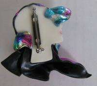   1980s Handcrafted Womens Ladies Face Brooch Pin Mime Muse Flapper Gems