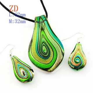   Murano Lampwork Glass Foil Leaf Pendant Necklace Earrings Set  