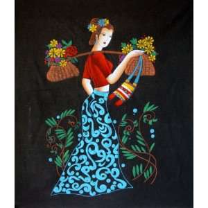   Chinese Art Painting Batik Tapestry Girl Carry Flower 