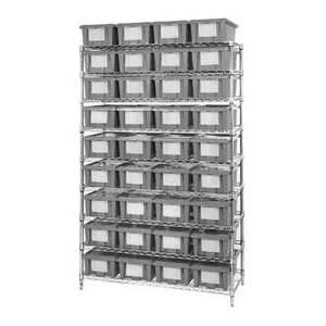 18x36x74 Chrome Wire Shelving With 36 6H Nest & Stack Shipping Totes 