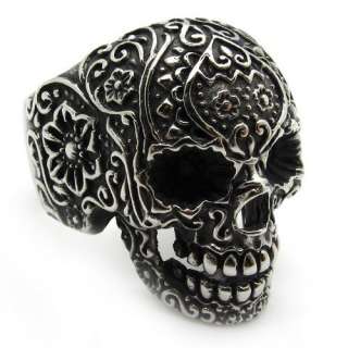  Mens Black gothic poker skull stainless steel silver flower finger 