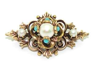   Victorian 14kt Yellow Gold 6mm Pearl Turquoise Flower Brooch Pin
