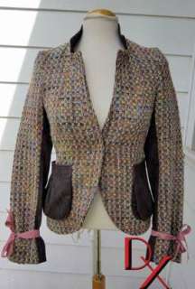 REBECCA TAYLOR Blue Denim Pink Yel Wool Tweed Bow Blazer Jacket 4 