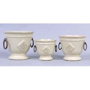   Planter Pots With Raised Floral Design in Cream Glazed Patio, Lawn