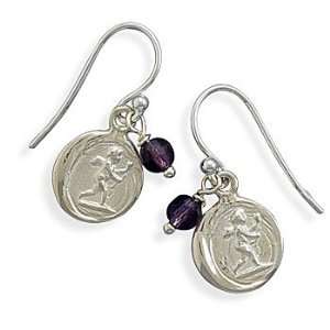  Sterling Silver Cupid Charm with Amethyst Bead Earrings 