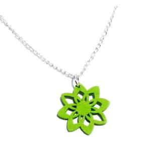  Lime Green Wood Flower Pendant Necklace in Silver, 19 
