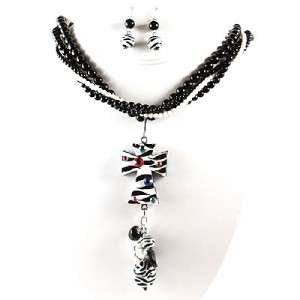 Long Chunky Black Western Multi Strand Zebra Cross Necklace Earring 