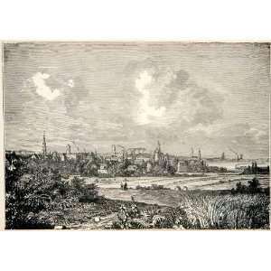  1877 Wood Engraving Copenhagen Denmark Landscape City Windmill 