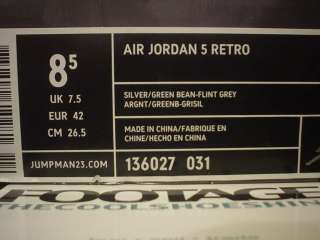 2006 Nike Air Jordan V 5 Retro SILVER 3M GREEN BEAN FLINT GREY Sz 8.5 