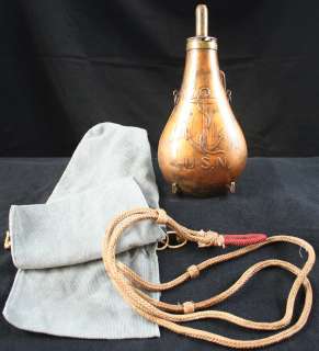   Navy 1846 ADAMS Brass Powder Flask J.S.P. inspector w period lanyard