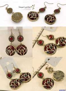   Vintage Hollow Carving Carved Red Stone Rhinestone Earrings  