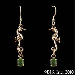 Seahorse Earrings with Gem, 14k Yellow Gold, Jade set gemstone 