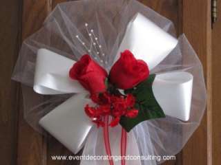 RED ROSES WHITE satin ribbon pew bows for Weddings  