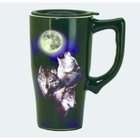 Spoontiques 12706 14 Ounce Ceramic Travel Mug   3 Wolves and Moon
