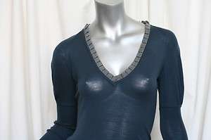 ALEXANDER MCQUEEN Womens Blue&Grey Puff Sleeve V Neck Sweater Top 
