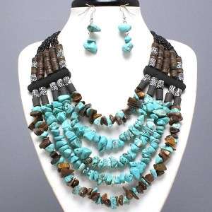 Chunky Western Cowgirl Tiger Eye Turquoise Fashion Necklace Earrings 