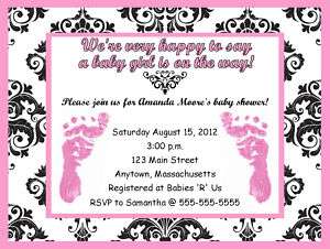 Girl Pink Feet Damask Print Baby Shower Invitations  