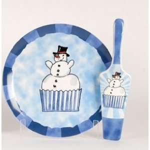 10 Joyful Snowman Cupcake 2 Piece Christmas Cake Plate and Server Set 