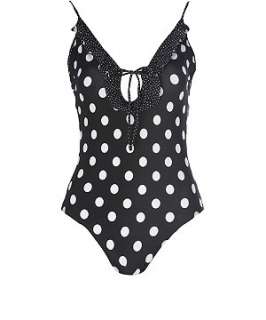 Black (Black) Spotty Frill Swimsuit  211788101  New Look