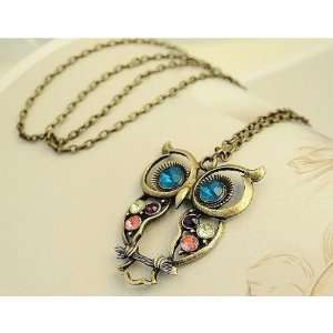   Rhinestone Owl Charm Necklace Pendant With Chain 