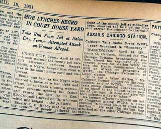UNION CITY TN Negro Lynching Hanging 1931 Old Newspaper  