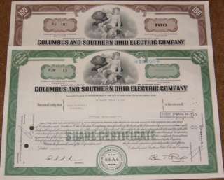 Pair Columbus South Ohio Electric Stock Certificates  