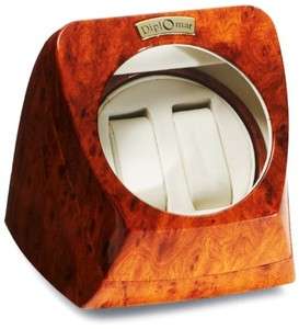 Diplomat Burl Wood Finish Double Watch Winder Off White Leather 4 
