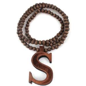 Brown Wooden Initial Letter S Pendant with a 36 Inch Beaded Necklace 