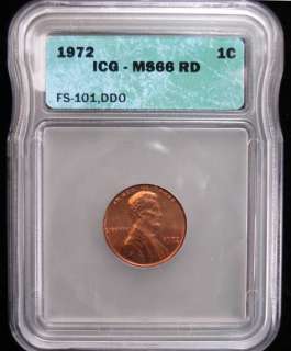1972/72 DOUBLED DIE OBVERSE LINCOLN MEMORIAL CENT, ICG MS66 RED NICE 