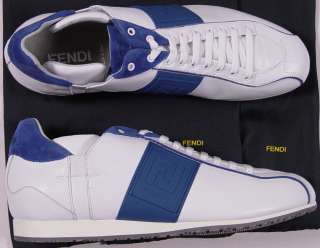 FENDI SHOES $520 WHITE/COBALT BLUE LOGO LOW PROFILE TRAINERS 11D 44e 