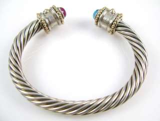 Designer Style 14K Gold & Silver Topaz Garnet Cable Bangle Bracelet