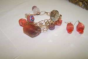 GORGEOUS Jewelry by ANYA Fire Agate & Coral Wire Crochet Bracelet 